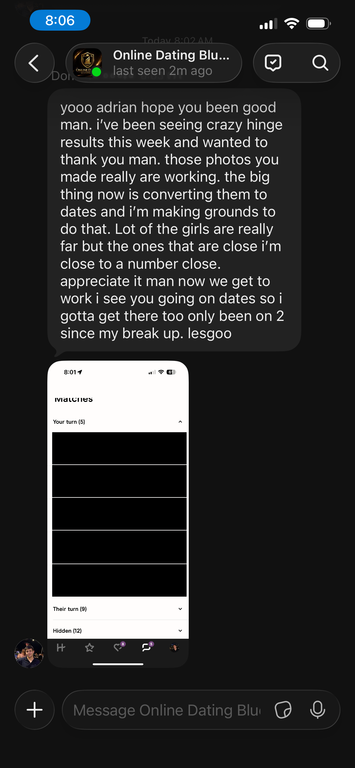 Client DM · photos working · matches list redacted