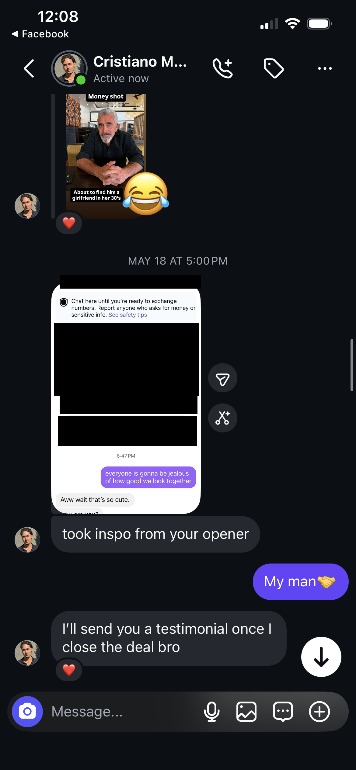 Client DM · opener working · match details redacted