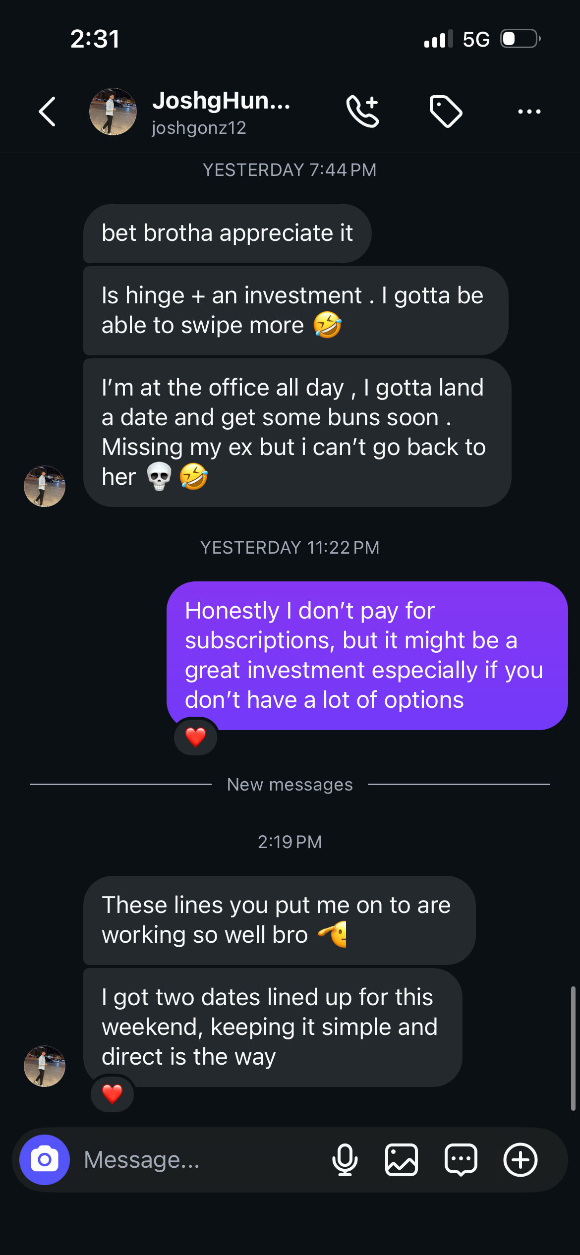 Client DM · two dates lined up this weekend